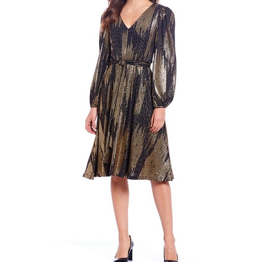 Calvin Klein Metallic V-Neck Belted A-Line Dress